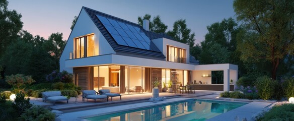 The modern house with a serene pool and lush landscaping at sunset.