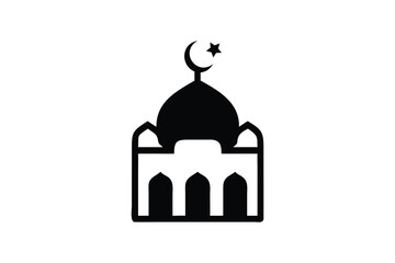 Simple black silhouette of a mosque with a dome and crescent moon and star on top representing islamic architecture and religious symbolism on a clean white background