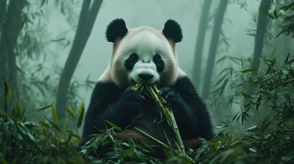 Obraz premium Panda eating bamboo in misty forest (1)