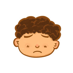 Sad boy face cartoon illustration of cute kid character with down expression showing unhappy mood perfect for children mascot sticker or emotional design element