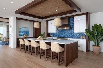 Modern kitchen island with bar stools, blue tile backsplash, and hardwood floors.