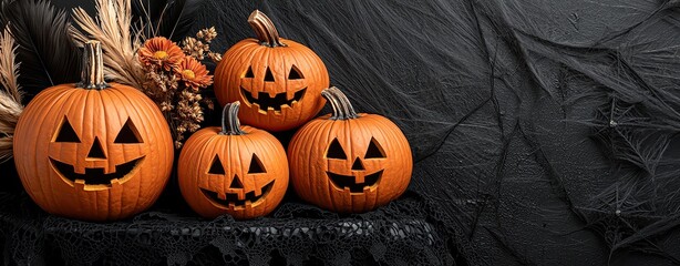 Halloween background with pumpkins and jackolanterns on a vintage wooden crate surrounded by dry wheat and acorns, misty night with soft candlelight glow