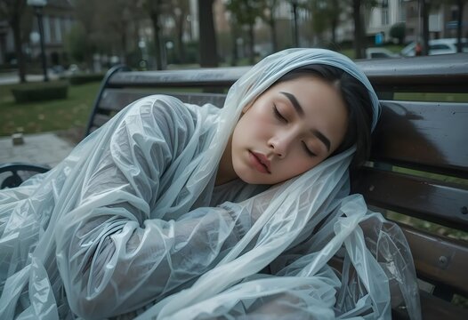 Young woman sleeping on bench in city park covered in plastic sheet, early morning fog.