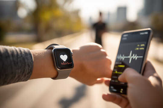 Smartwatch displaying heart rate data on wrist while runner checks fitness app on smartphone, showcasing modern technology in health and fitness tracking outdoors - Powered by Adobe