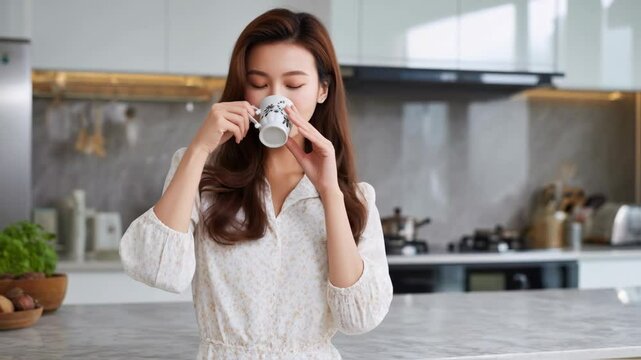 A woman enjoying a coffee break in her kitchen