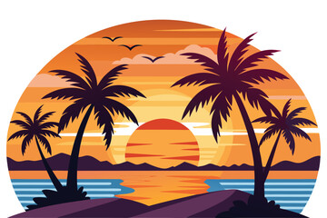 Sunset with palm trees and beach