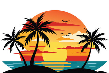 Sunset with palm trees and beach