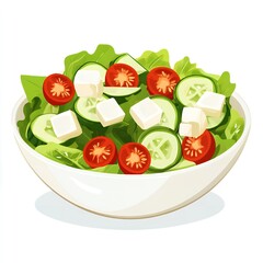Fresh Green Salad with Cucumber Tomato and Feta Cheese in Bowl