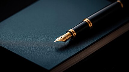 Fountain pen resting on top of a dark blue notebook. the pen has a black body with gold accents and a gold nib. the nib is in the shape of a bird's head with a pointed tip.