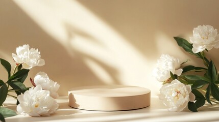 Light beige round podium is nestled among elegant white peonies against soft beige backdrop with striking diagonal sunlight shadows. Perfect for showcasing natural or luxurious products