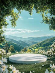 Smooth white round platform sits on lush green grass surrounded by white flowers framed by leafy branches overhead with scenic vista of rolling green hills and bright blue sky in background