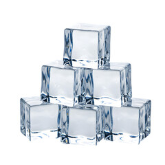 Crystal clear ice cubes stacked in a pile isolated on white or transparent background. PNG format.