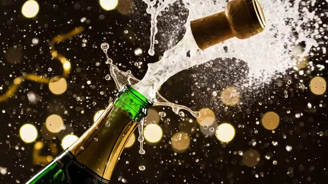 Champagne celebration cork popping with golden bokeh background