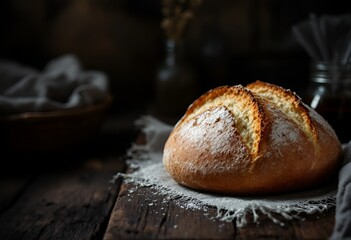 Rustic Artisan Loaf of Bread Detailed Closeup on Wooden Table.