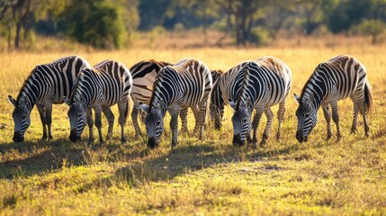Fototapeta premium Zebras grazing in a golden savanna