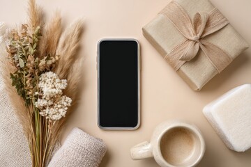Overhead shot of phone with gift, towel, flowers, cup on beige surface