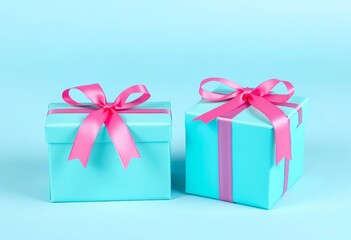 Obraz premium Two teal gift boxes tied with pink ribbons, pastel blue background, ribbons, promotion