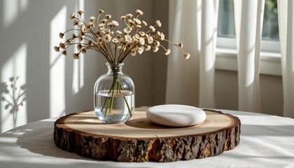 the image shows a still life position set on a thick, circular wood slab with rough bark edges, the slab serves as a platform for the other elements, to the left