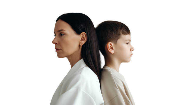 Profile view of mother and son standing back to back, expressing emotional distance and tension. Family relationships, parenting conflicts, and intergenerational understanding on neutral background.