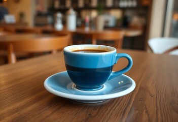 Fototapeta premium Small blue espresso cup, dark coffee, wood table, cafeteria background, italian, blue