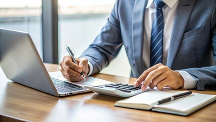 Budgeting and accounting. Close up cropped shot businessman hands using notebook and calculator at workplace to manage business expenses pay utilities online review financial bills invoices tax forms