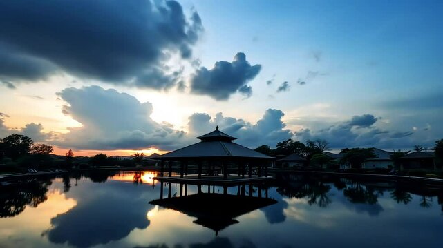 Time lapse of clouds rolling across a vivid sky as the light changes on the pavilion and the reflective pond mirrors every transition with cinematic perfection