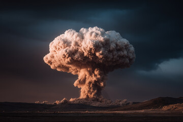 Massive explosion cloud rises dramatically against a dark sky, showcasing a powerful display of smoke and dust, creating a striking visual impact in the landscape