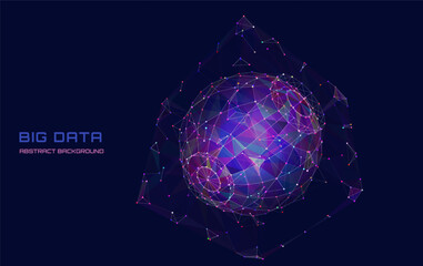 Abstract big data 3D digital cubes connecting dots on data sphere in system net. Quantum computing concept on dark background. Artificial intelligence design. Blockchain from boxes сoncept.