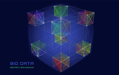 Abstract 3D grid cube. From dots and lines on dark blue. Primitive object. 3D technology design. Futuristic wireframe structure for technology or science concepts. Vector Illustration.