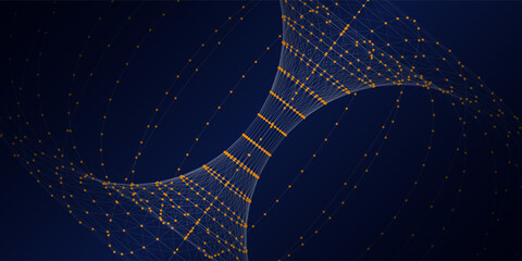 3D grid geometric connecting dots  in blue dark cyberspace.  Digital concept scientific, technology and computing. Torus consisting of poligonales