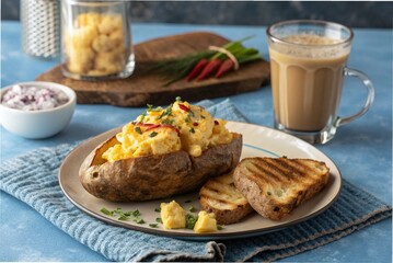 Baked potato with scrambled eggs and whole wheat toast, served with iced coffee, on a blue gray table
