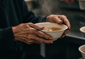 A close-up of an elderly person's hands holding a bowl of soup