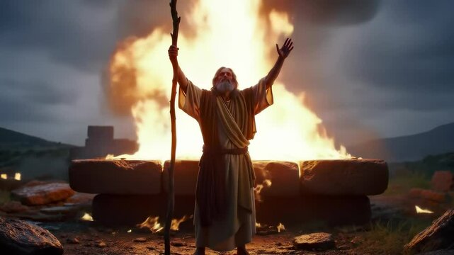Elijah Calling Down Fire from Heaven Sent by God, Igniting the Stone Altar Before Him, Biblical Old Testament Depiction