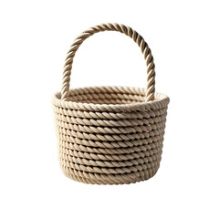 Handcrafted beige rope basket with twisted handle isolated on transparent background