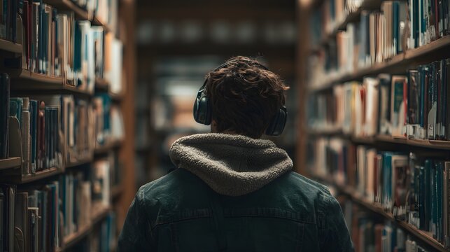 Person wearing headphones walks in a library aisle surrounded by bookshelves, reading or listening to audio content.