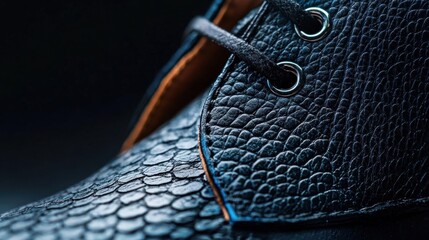 Close-up of a black leather shoe. the shoe appears to be a high-top style with a lace-up closure. the leather has a textured pattern with a snake skin-like appearance.