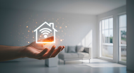 Man holding glowing house symbol with Wi-Fi icon. High tech and smart home concept