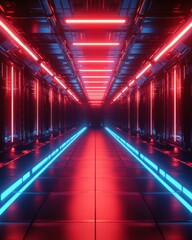 Futuristic Dark Corridor with Red and Blue Neon Lights futuristic corridor dark sci-fi tunnel neon lights red light blue light glowing metal abstract digital technology cyberspace cyberpunk infinity