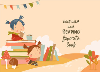 Cute Girl sitting on Stack of Book in Autumn Park