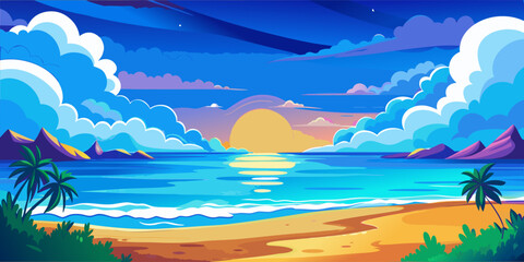 Beautiful tropical beach with palm trees and mountains at sunset.