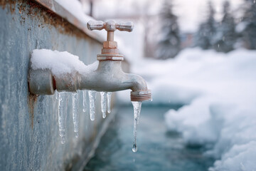 Frozen water faucet with icicles hanging from the spout, surrounded by a snowy landscape