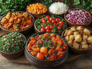 Vibrant Turkish Cuisine with Falafel, Rice, and Fresh Vegetables &ndash; Overhead View