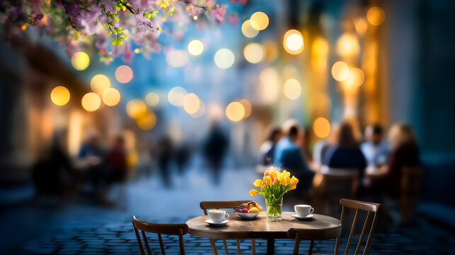 Flower vase and pastries placed on table in charming outdoor cafe. Beautiful bokeh background creates a warm ambiance. Concept of cafe, social gathering, culinary experience