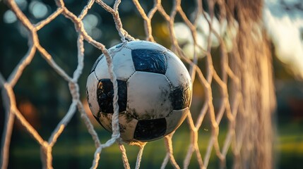 A Close-Up of a Classic Black and White Soccer Ball Caught in the Goal Net