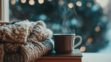 Warm Knit Scarf And Steaming Mug Of Coffee On Book By Frosty Window For Christmas, New Year Or Winter. Winter Comfort