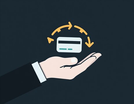 subscription based business, hand under recurring loop + card icon, automated billing identity, clean style, macro focused