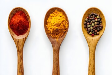 Colorful Spices in Wooden Spoons on White Background
