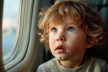 Young child with curly hair gazing out airplane window, captivated by the view, showcasing wonder and curiosity during travel experience