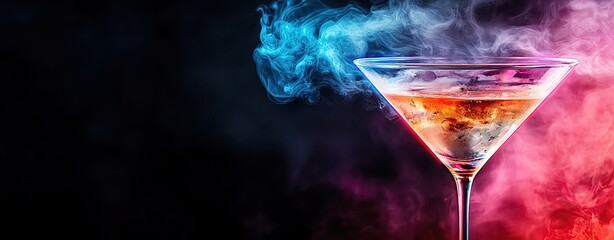 Cocktail with Dramatic Neon Backdrop, vibrant martini glass glowing under ultraviolet lighting with swirling smoke and bold color gradients