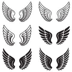 Fototapeta premium Collection of six stylized wing designs featuring both outline and solid black silhouettes on a white background